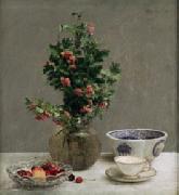 Henri Fantin-Latour Still Life with Vase of Hawthorn, Bowl of Cherries, Japanese Bowl, and Cup and Saucer Sweden oil painting artist